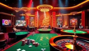 K88win online casino interface showcasing slot games and poker tables in an exciting atmosphere.