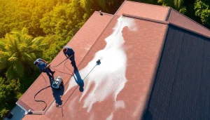 Roof cleaning in Kissimmee, FL, showcasing professionals using soft wash techniques for safe, effective results.