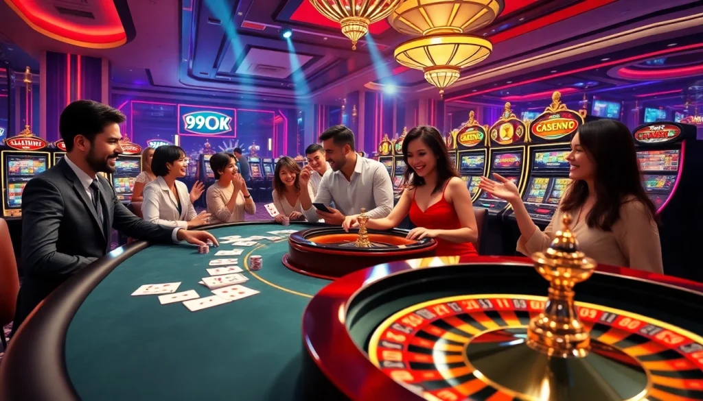 Experience thrilling gaming action at 99OK with an engaging online casino scene, showcasing cards and roulette.