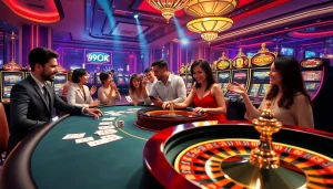 Experience thrilling gaming action at 99OK with an engaging online casino scene, showcasing cards and roulette.