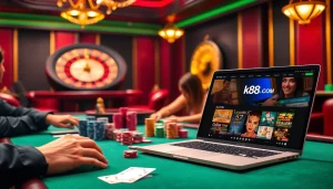 Experience the excitement of kp88.com with a vibrant casino scene featuring a live poker table, chips, cards, and roulette.