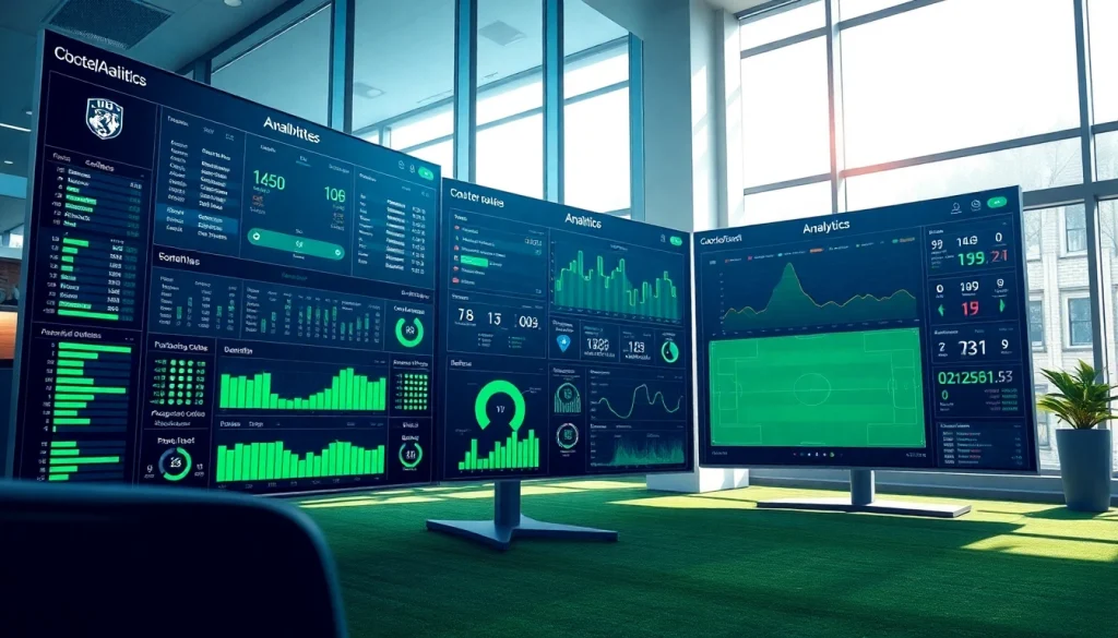 Analyze ทีเด็ดบอล statistics with advanced match data graphics in a modern office.
