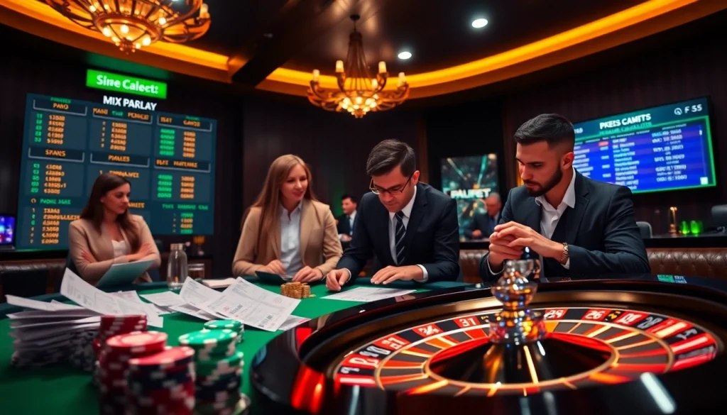Engaging online mix parlay betting scene with illuminated gaming options and excited players.