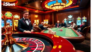 Experience excitement at i5bet's luxurious casino, featuring roulette and poker tables.