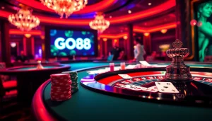 Experience vibrant gaming action at GO88 casino with dynamic poker tables and roulette wheels.