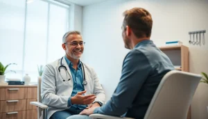 現代の医療現場で、医師が患者と包茎手術のおすすめについて相談している場面。