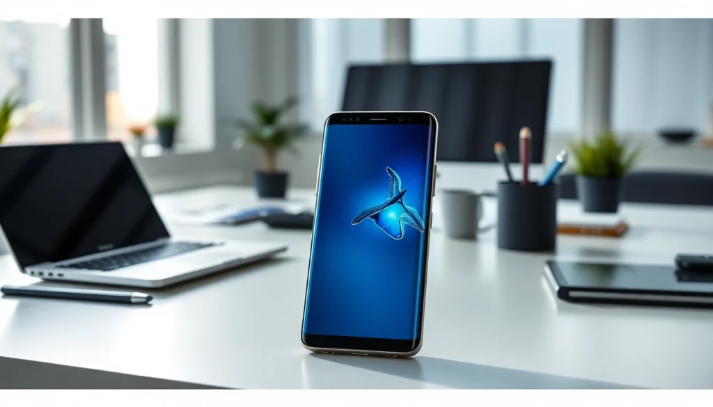Samsung Galaxy S8 smartphone on a modern desk showcasing its sleek design and vibrant display.