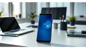 Samsung Galaxy S8 smartphone on a modern desk showcasing its sleek design and vibrant display.
