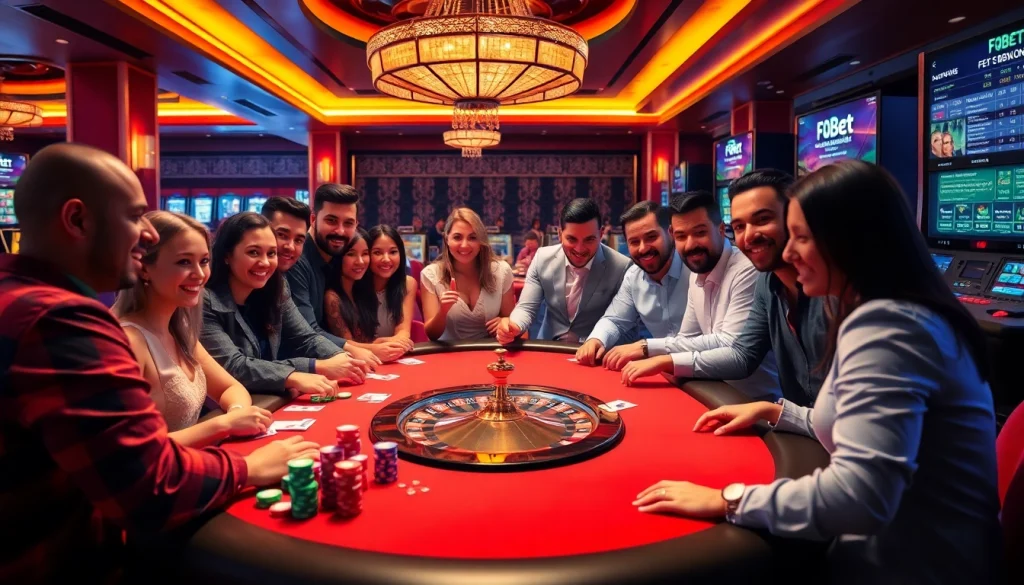Gamblers at a poker table enjoying the excitement of casino games at https://f8bet.ventures/ - vibrant atmosphere and thrilling action.