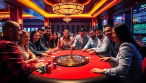 Gamblers at a poker table enjoying the excitement of casino games at https://f8bet.ventures/ - vibrant atmosphere and thrilling action.