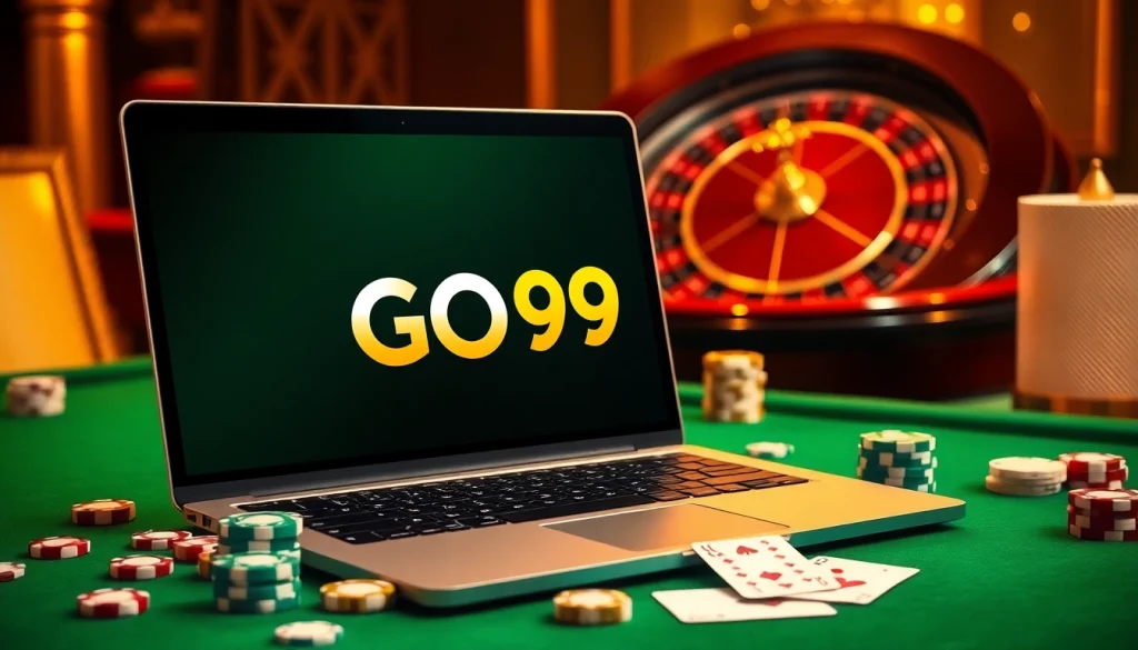 Experience the thrill of GO99 online gambling with a vibrant casino atmosphere featuring poker chips and cards.