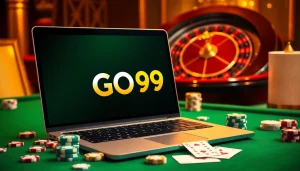 Experience the thrill of GO99 online gambling with a vibrant casino atmosphere featuring poker chips and cards.