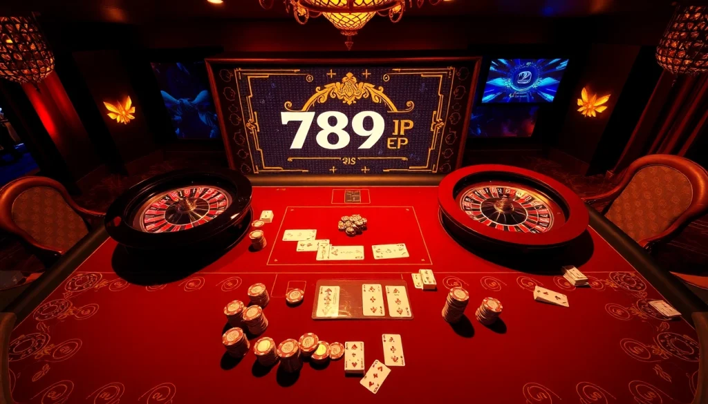 Engage in high-stakes gaming at the luxurious 789P casino table with chips and cards.