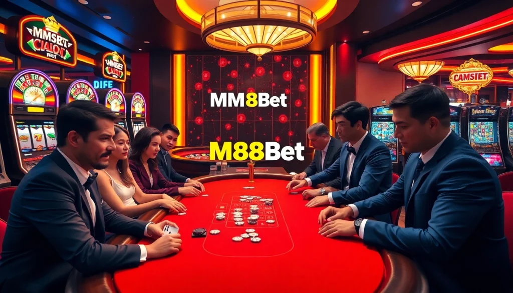 Players enjoying a high-stakes game at MM88Bet casino with vibrant lights and luxurious atmosphere.