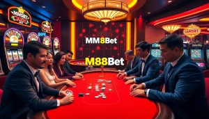 Players enjoying a high-stakes game at MM88Bet casino with vibrant lights and luxurious atmosphere.