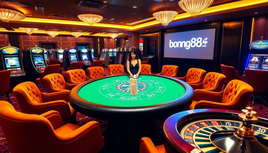 Engaging scene of baccarat at bong88.casa featuring a glamorous dealer and luxury casino decor.