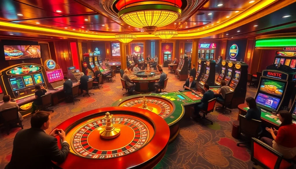 Players enjoying games at RR88's vibrant online casino, featuring roulette, poker, and slot machines.