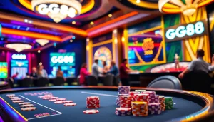 Experience the thrill of GG88 online casino gaming with vibrant poker tables and spinning roulette wheels.