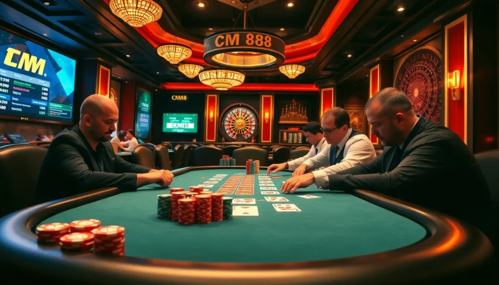 Players engaging at a poker table, showcasing CM88 elements in a luxurious casino setting.