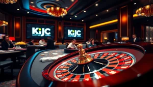 A professional casino scene showcasing KJC logo, poker chips, and roulette table.