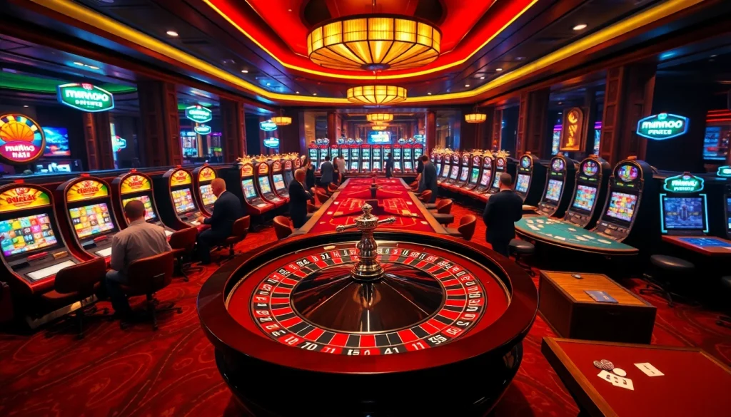 Engaged gamblers at the MMOO casino, featuring a thrilling roulette wheel and vibrant slot machines.