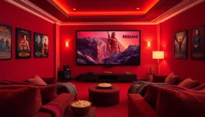 Experience the warmth of a home theater showcasing a rebahin film with cozy ambiance, popcorn, and inviting decor.