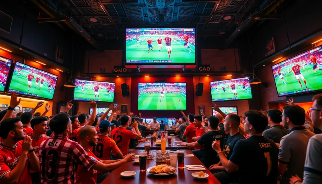المشجعون يستمتعون بأجواء حانة رياضية نابضة بالحياة أثناء مشاهدة مباريات koora live لكرة القدم.