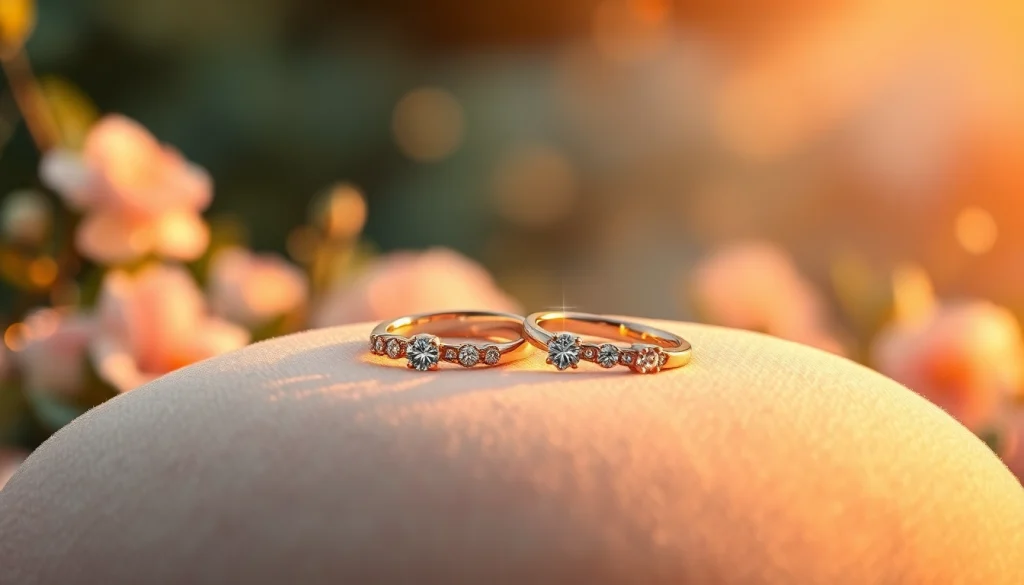 静かな庭園の景色の中で、ベルベットの上に美しく展示された結婚指輪と輝くダイヤモンド。