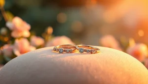 静かな庭園の景色の中で、ベルベットの上に美しく展示された結婚指輪と輝くダイヤモンド。