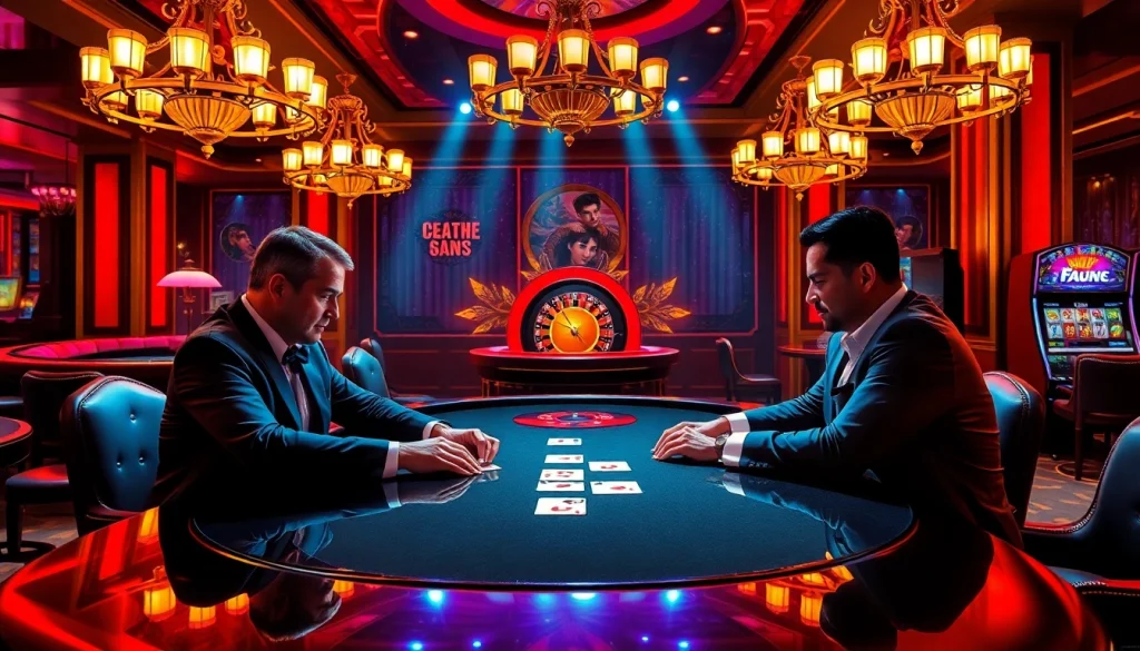 Engaging scene of elite gamblers playing poker, highlighting the excitement of link alternatif sbobet in a luxurious casino environment.