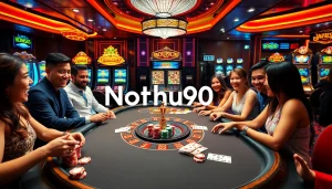 Nohu90 gamblers enjoying a thrilling game at an exciting casino table with vibrant lights.