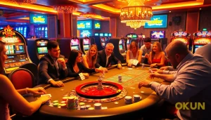 Players enjoying an exciting game of poker at the OK FUN casino table, surrounded by colorful chips.