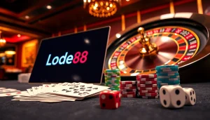 Lode88 online gambling scene depicting vibrant casino elements, including cards, chips, and roulette wheel.