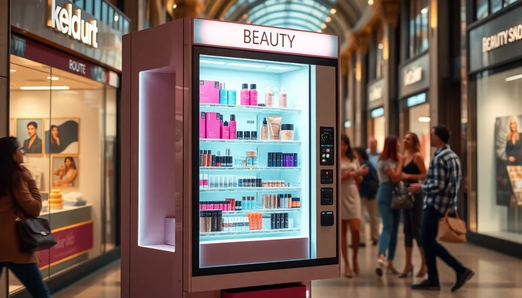 Beauty vending machine stocked with vibrant beauty products in a trendy urban setting.