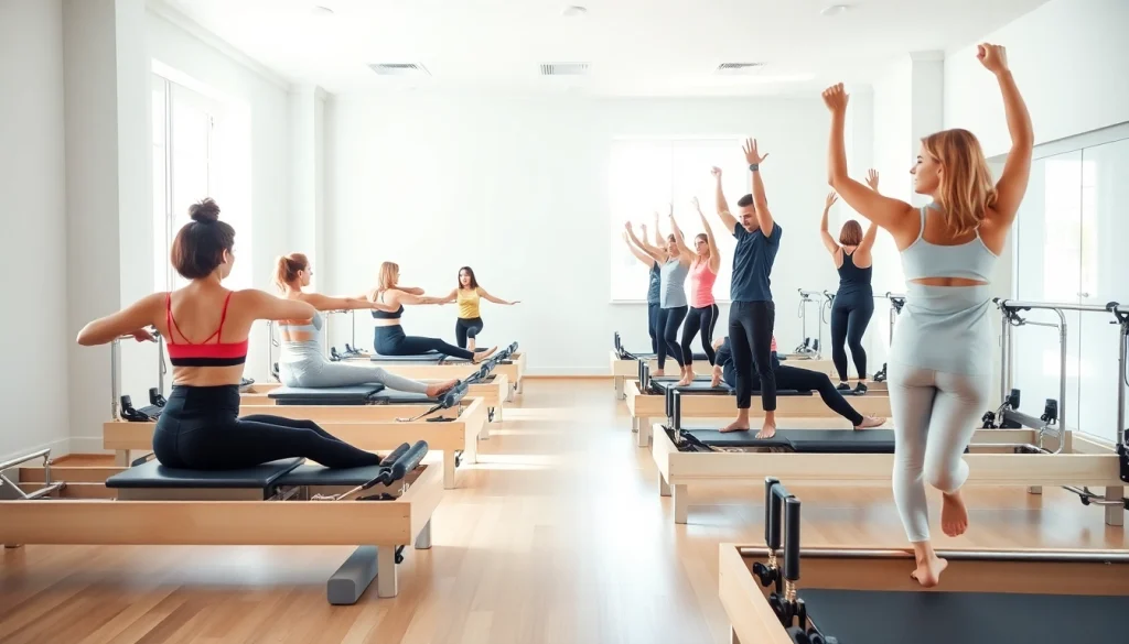 静かなスタジオで、マシンピラティス おすすめを体験する参加者たちの様子