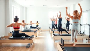 静かなスタジオで、マシンピラティス おすすめを体験する参加者たちの様子