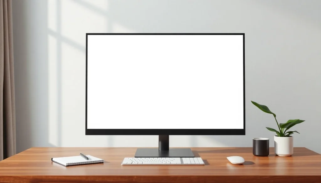 A bright, minimalist workspace featuring a white full screen tool on a modern computer monitor, enhancing focus and productivity.