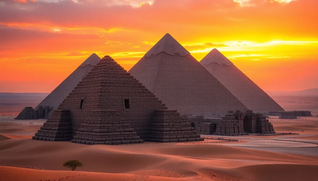 View https://piraminds.com/ showcasing the iconic Egyptian pyramids in vibrant sunset lighting.