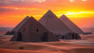 View https://piraminds.com/ showcasing the iconic Egyptian pyramids in vibrant sunset lighting.