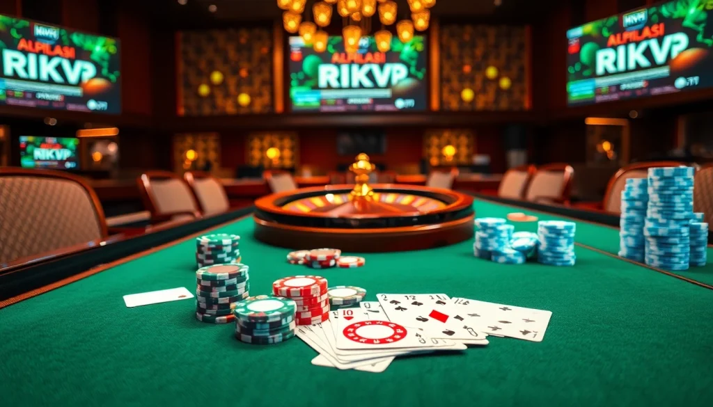 Play exciting games on rikvip with a vibrant casino atmosphere featuring a poker table and roulette wheel.