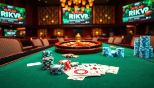 Play exciting games on rikvip with a vibrant casino atmosphere featuring a poker table and roulette wheel.