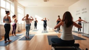 台東区のピラティスクラス、多様な参加者がウェルネスとフィットネスに焦点を当てている様子。