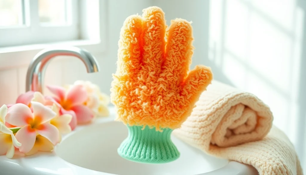 Gently used hand loofah glove resting on a sunny sink, showcasing its texture and vibrant colors.