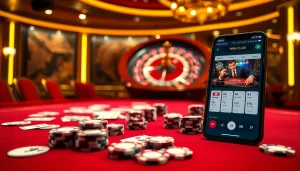 Gambling excitement at iwin club with vibrant poker chips and a spinning roulette wheel.