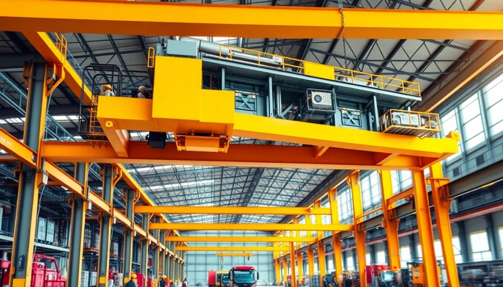 Bridge crane lifting heavy materials in a busy industrial warehouse, highlighting safety and efficiency.