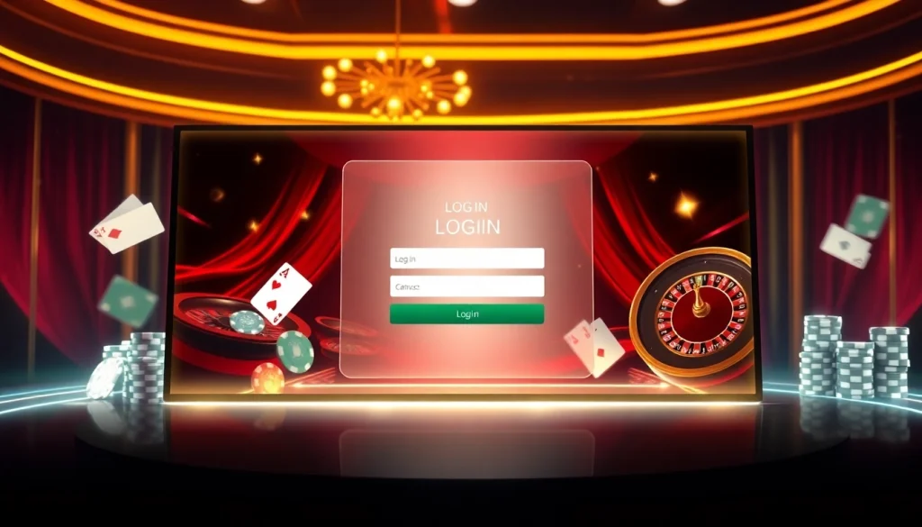 Log In to an elegant online casino interface featuring cards, roulette wheels, and chic design elements.