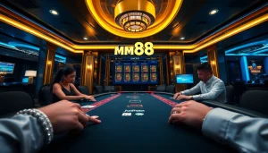 Exciting poker game at MM88 casino, showcasing luxury and vibrant atmosphere.