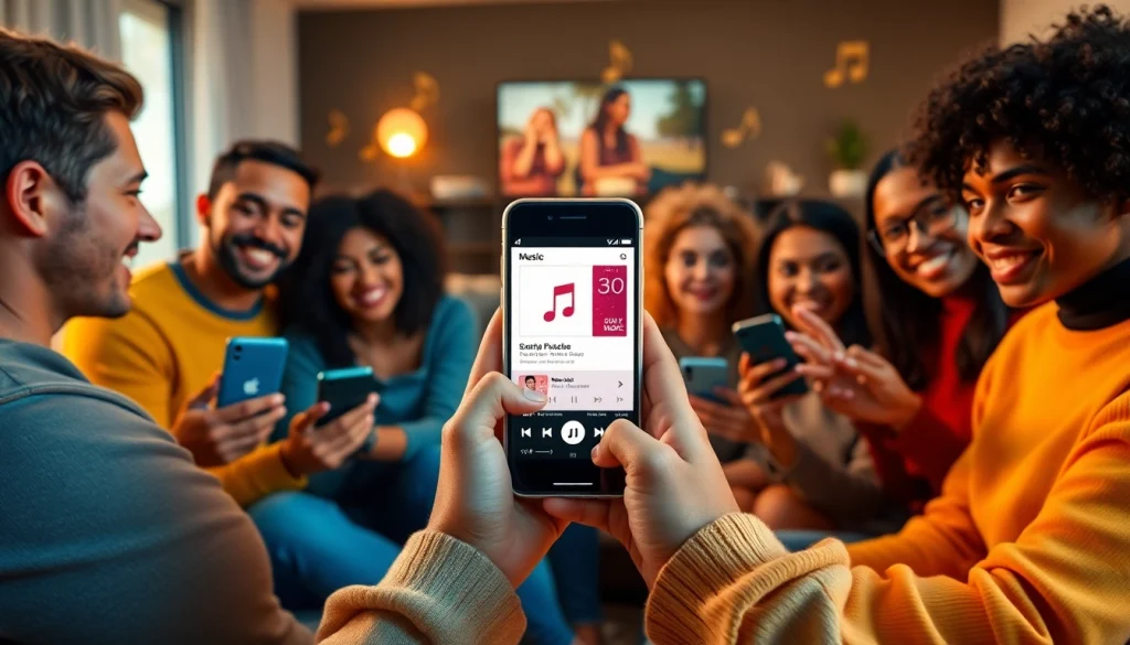 Celebrate your top songs with friends using Apple Music Replay 2023, showcasing lively sharing in a modern setting.
