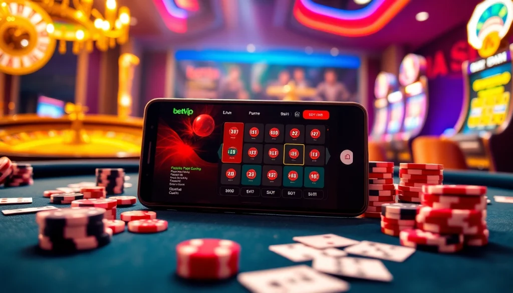 Trải nghiệm cảm giác hồi hộp của ứng dụng betvip trong một casino đầy sinh động với những chip poker rực rỡ và những lá bài.