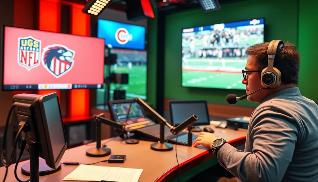 Engaging sports broadcasting scene with commentator, highlighting excitement in Sports Broadcasting.